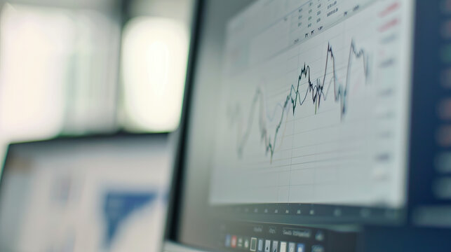 Close-up of volatile line chart on a computer screen with peaks and troughs. Graph of volatility showing increased instability in the financial markets and likely recession. Isolated shot with bokeh 