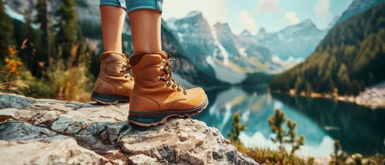 View from mountains lake river fjord - Hiking hiker traveler landscape adventure nature sport background panorama - Feet with hiking shoes from a woman standing resting on top of a high hill or rock