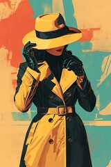 illustration, a spy with a raincoat and hat pop art retro