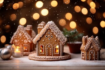Christmas gingerbread house in the snow on a bokeh background
