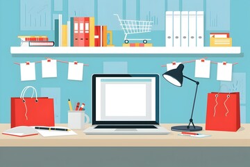 Experience a clutter-free and organized online shopping experience with a laptop in a minimalist home office This vector illustration in a flat design style