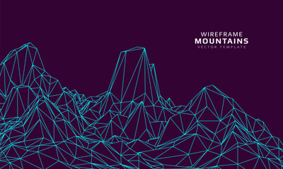 Wireframe mountains. Futuristic 3d mesh landscape. Digital polygonal hills technology. Vector illustration.