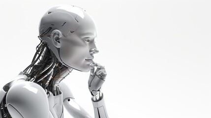3d rendering humanoid robot thinking on white background