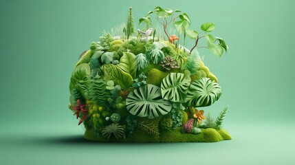 3d illustration of human brain covered with plants over green background