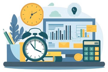 A digital illustration depicting people working on a computer with an alarm clock and calculator on the desk in a traditional techniques reimagined style