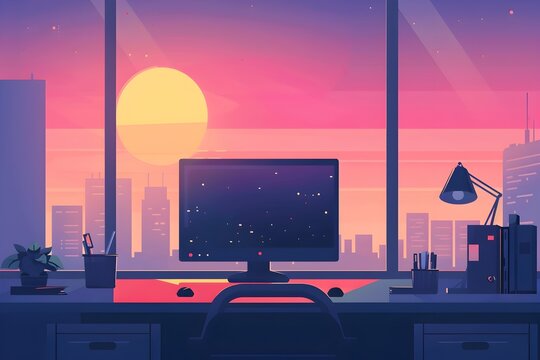 A computer desk with a sunset over city in the background full of laptops and a desk with a big sunset behind it in the style of crisp neo-pop illustrations