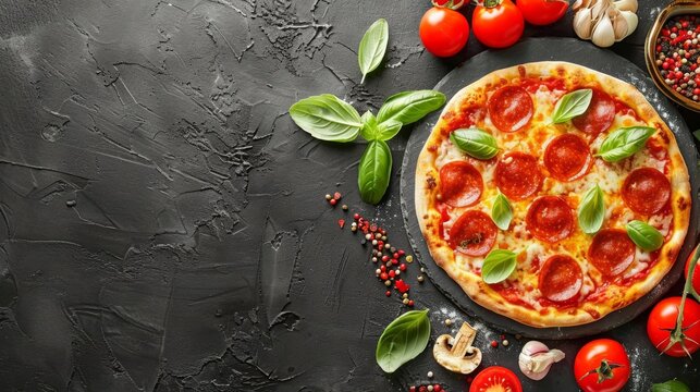 Pepperoni Pizza with Mozzarella cheese, salami,  Fresh Basil. Italian pizza. On gray slate background decorated with fresh ingredients. Delicious fast food. Copy space.