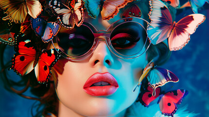 Beautiful girl in glasses with bright makeup and butterflies. Modern pop art collage style