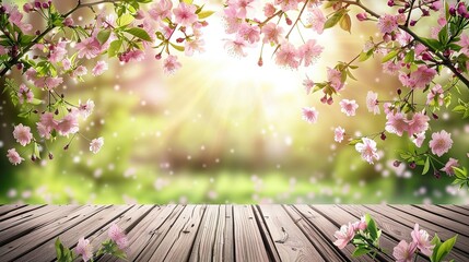 Spring sunny background with wooden tabletop and branches of blooming pink cherry. Empty space for design