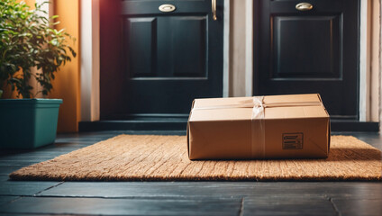 Delivered parcel box on door mat near entrance