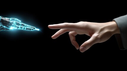 Artificial intelligence, future technology and business concept - robot and human hand with flash light and virtual screen projection over black background