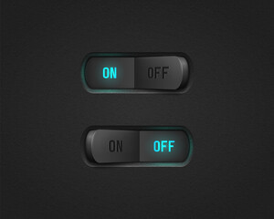 Realistic toggle switch. Black switches with backlight, on/off - position. Vector illustration.