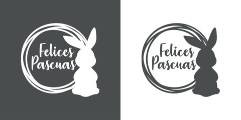 Logo con texto manuscrito Felices Pascuas en español en marco circular con líneas con silueta de Conejo de Pascua. Silueta de Conejito de Pascua de pie - obrazy, fototapety, plakaty