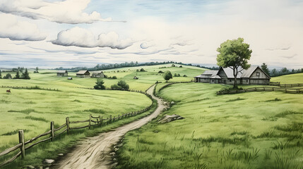 Hand-Drawn Country Landscape: A Quaint Cottage Amidst Green Meadows and Cloudy Sky