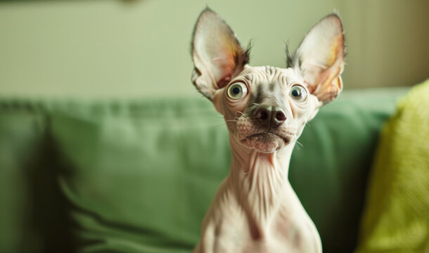 Curious Hairless Dog with Perky Ears and Wrinkled Skin Looks Surprised