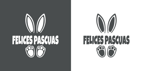 Logo con texto manuscrito Felices Pascuas en español con silueta de orejas y patas de Conejo de Pascua - obrazy, fototapety, plakaty