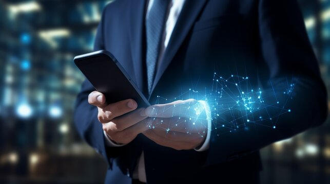 Businessman using mobile smart phone. Business global internet connection application technology and digital marketing, Financial and banking, Digital link tech, big data