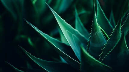 Cactus plant Agave attenuata soft details texture. Natural abstract, delicate and fluid shapes lines. Highlight focused leaf edges and blurred background. Colored bold  green. Dark moody feel.