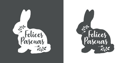 Logo con texto manuscrito Felices Pascuas en español en silueta de Conejo de Pascua. Silueta de Conejito de Pascua