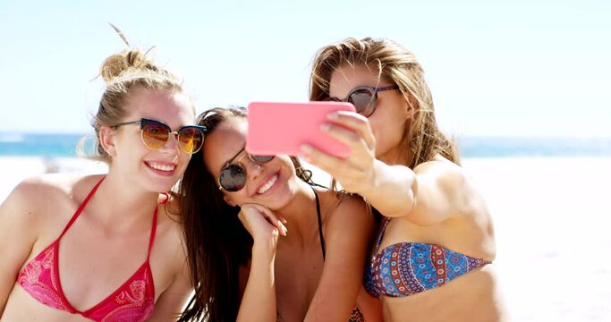 Beach, women and friends with selfie, travel and summer with weekend break and journey with sunshine. Social media, Miami and girls with getaway trip and excited with profile picture and adventure