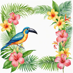 Watercolor tropical summer frame with bird, flowers and leaf