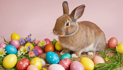 Fototapeta na wymiar Brown bunny surrounded by colorful Easter eggs and spring flowers
