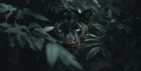 a realistic photograph of a rare and elusive panther camouflage among the shadows of the jungle, its piercing gaze barely visible amidst the foliage.