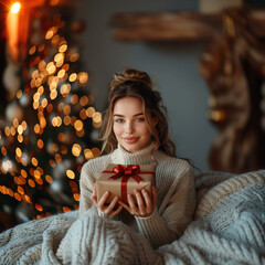 Hübsche junge brünette Frau mit einem Weihnachtsgeschenk (Durch AI generiert)