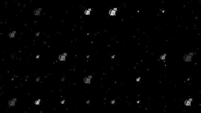 Template animation of evenly spaced raccoon symbols of different sizes and opacity. Animation of transparency and size. Seamless looped 4k animation on black background with stars