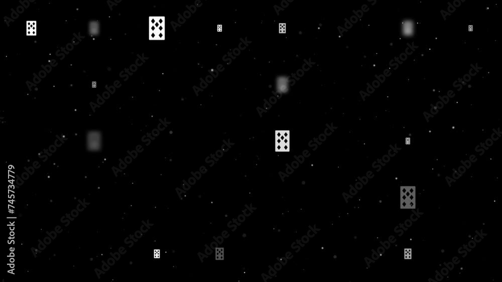 Poster template animation of evenly spaced seven of diamonds playing cards of different sizes and opacity. 