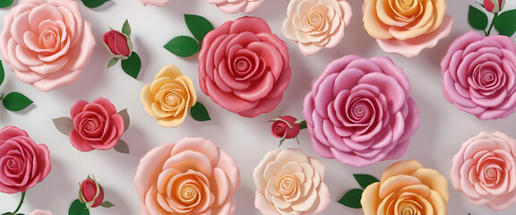 Set of colorful 3d render rose blossom, isolated beautiful flowers illustration on transparent background