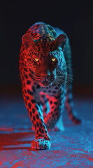 a leopard walking in a red, pink, and blue color