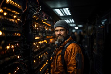 Fototapeta premium Man in the Heart of Server Room. Generative AI