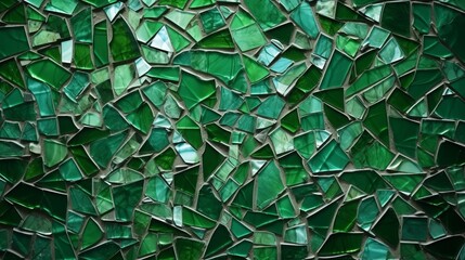 Green glass mosaic. Details wall with pieces of broken glass. Abstract  background