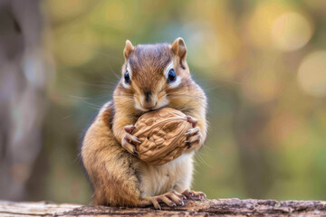 A Chipmunk's Delight: Adorable Rodent Holding a Nut Against a Beautiful Bokeh Background