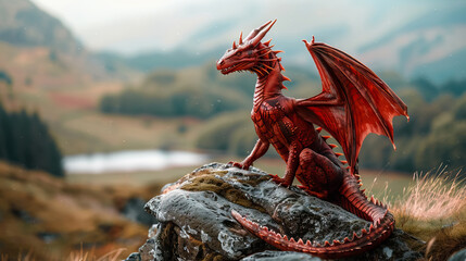 side view the Welsh dragon, a symbol of Welsh identity and pride on blurred mountain background - AI Generated