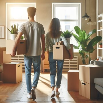 Mature Couple Moving Into New Apartment, Carrying Cardboard Boxes Into Empty Room With Potted Plants. Real Estate Property Buying, Relocation, New Home Concept. Rear View (4) AR0095 Generative AI