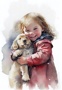 Happy child and a puppy dog watercolor greeting card. AI generated