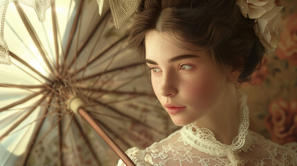 Timeless Elegance: Photorealistic Portrait of a Vintage Woman with Lace Parasol, Classic Hairstyle and Subtle Makeup in Soft Natural Light