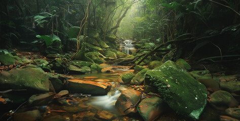 a high-resolution photograph of a tranquil jungle stream winding its way through moss-covered rocks and fallen logs, creating a peaceful oasis realistic High-resolution photography