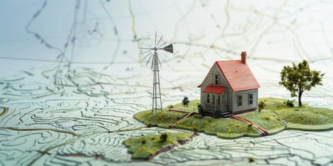 Model of a house with a wind turbine on the background of a map. Ecology and green energy concept.