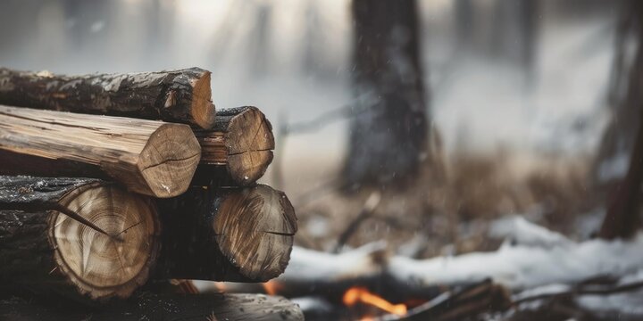 Firewood against the background of a forest and a firet. Log trunks piles, logging, wood processing industry