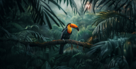 a colorful toucan perched on a branch, its vibrant plumage contrasting against the lush green backdrop of the jungle - obrazy, fototapety, plakaty