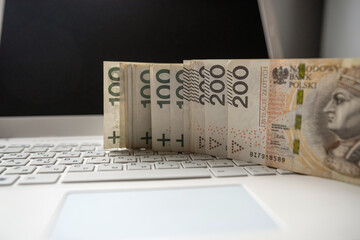 100 200 Polish PLN cash on laptop computer, make money or buy online