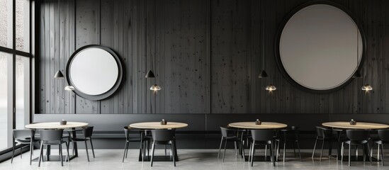 Modern cafe interior design with signboard on black and grey colors tone. Generated AI image