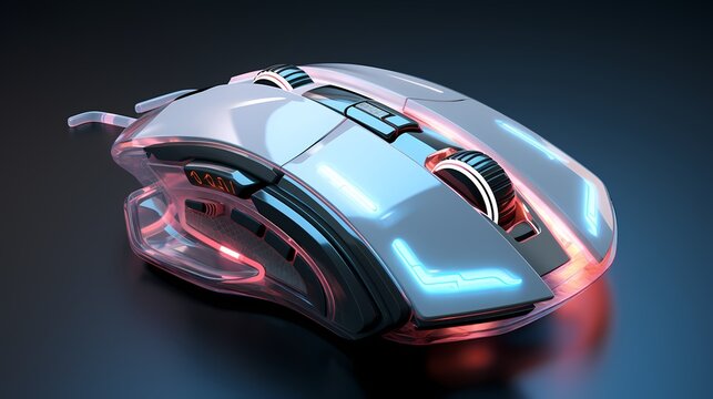 A futuristic computer mouse with holographic buttons, creating a sci-fi-inspired image.