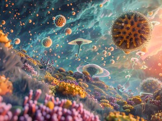 Allergy The Pollen Invasion - A vibrant 3D illustration of an otherworldly spring landscape where giant pollen grains float like alien ships, causing chaos among the inhabitants - obrazy, fototapety, plakaty
