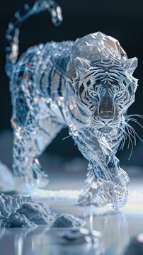 A tiger prowling, its form made of ice crystals and low polygons, a chilling 3D render