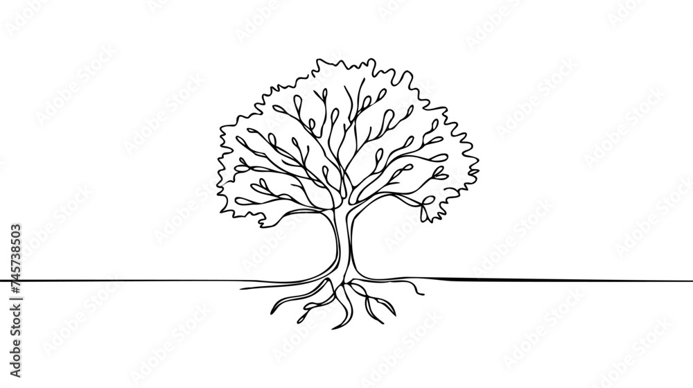 Wall mural tree in continuous line art drawing style. giant and powerful tree black linear design isolated on w