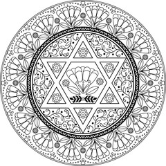 Contour folk mandala with floral decorative ornament and hexagram star. Use as coloring page, greeting card design, holiday events  for children and adults